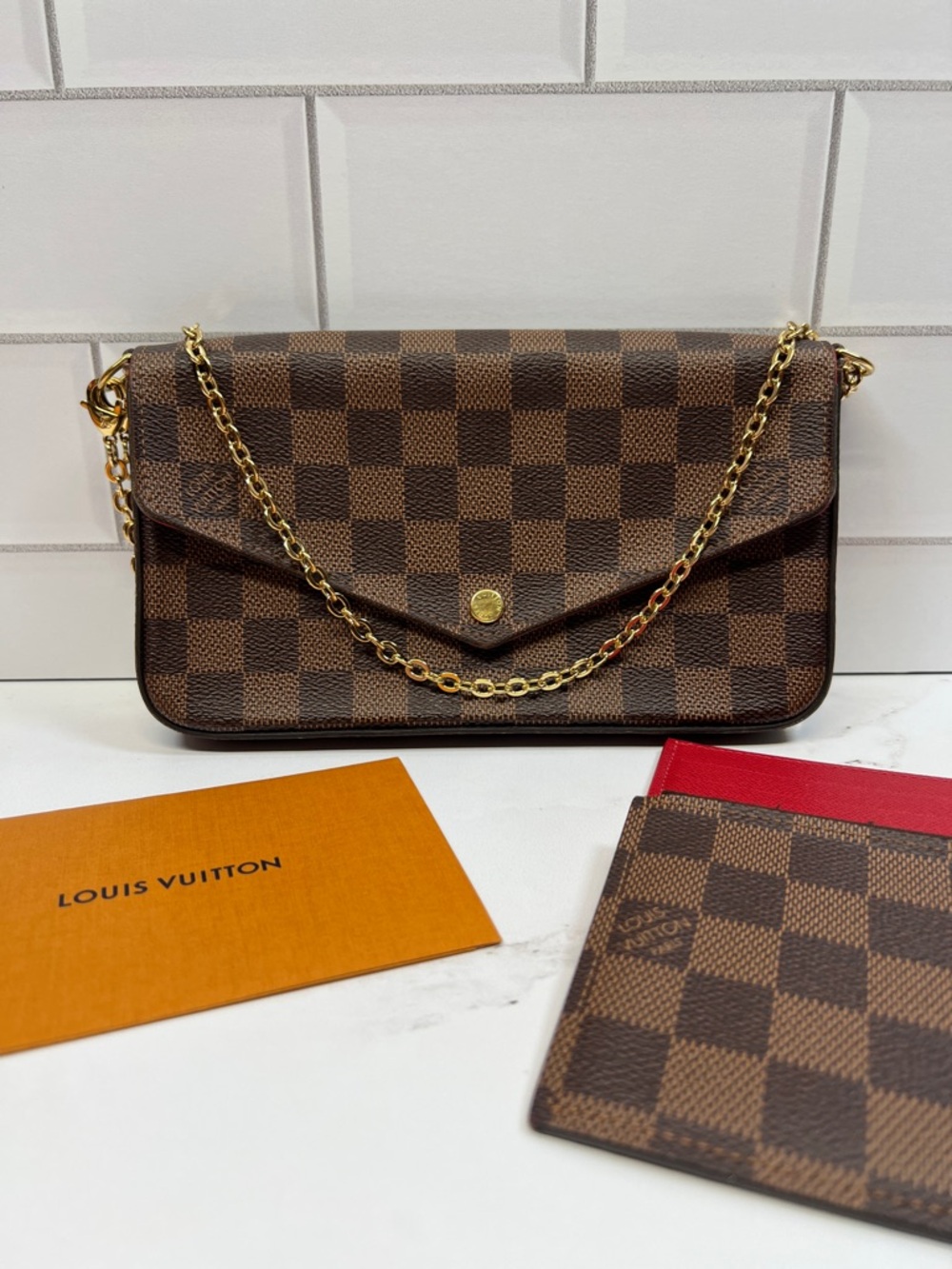 LV Louis Vuitton Damier Ebene Brown Felicie Pochette Chain Shoulder Bag Purse